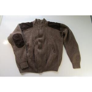 Cabelas Mens Wind Stopper Full Zipper Sweater L 100% Lambswool Elbow Patch Brown